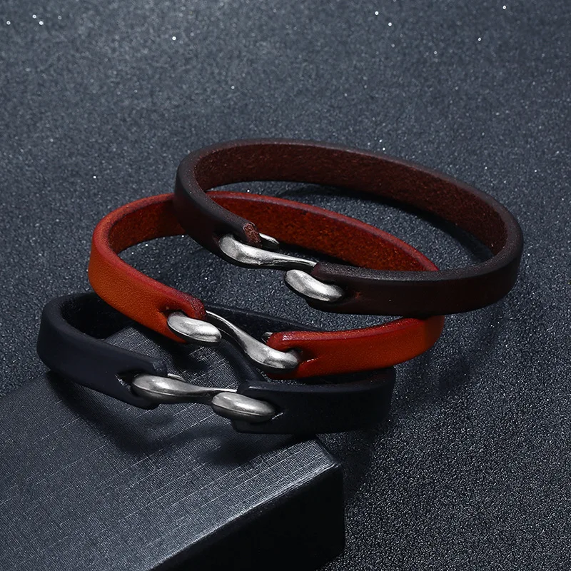 

Men Bracelet Vintage Black/Brown/Khaki Genuine Leather Hook Bracelet Men Wristband Bangles Male Jewelry 20cm/21.5cm