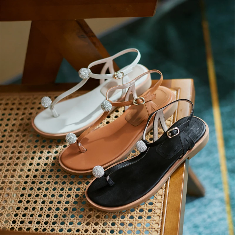 

ANNYMOLI Women Sandals Genuine Leather Shoes Flip Flop Flat Sandals Buckle Strap Crystal Fashion Ladies Footwear Summer Beige 40