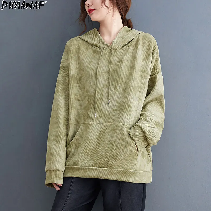 

DIMANAF 2021 Women Autumn Hoodies Long Sleeve Sweatshirt Pullover Casual Style Vintage Cotton Camouflage New Tops Tees Oversize