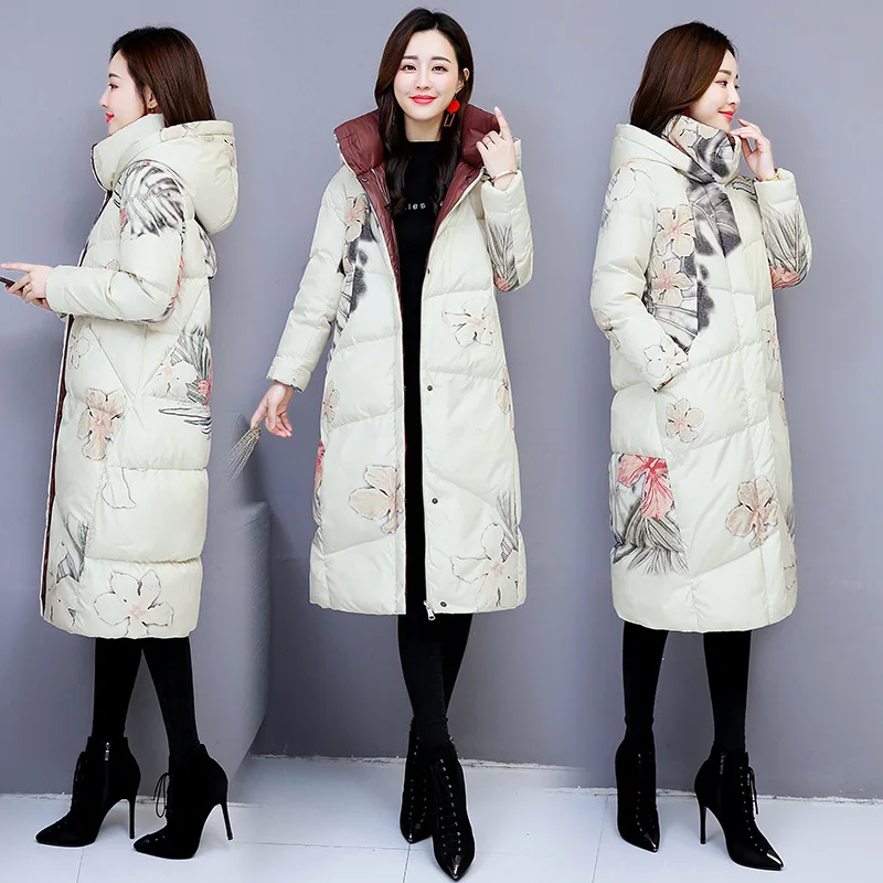 Flower Print Winter jacket Women Long Parkas Slim Down Coat Female Thick Warm Jacket Overcoat 0811-245 | Женская одежда
