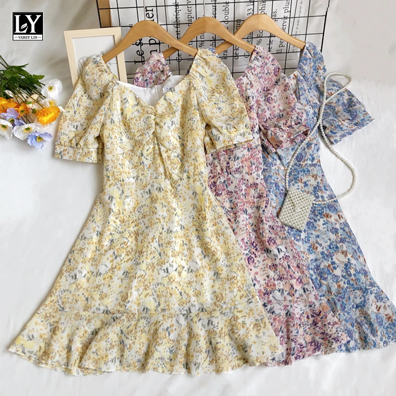 

LY VAREY LIN Summer New Sweet Female High Waist A-line Short Dresses Women Casual Square Collar Puff Sleeve Floral Dresses