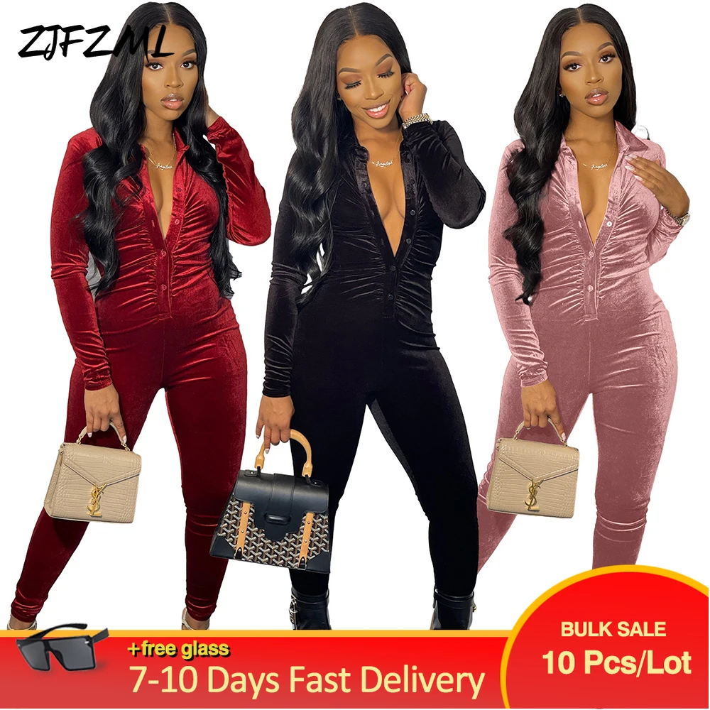 

Wholesale Bulk Items Lots Spring Winter Velour One Piece Overall for Women Retro Lapel Neck Full Sleeve Single Breasted Jumpsuit