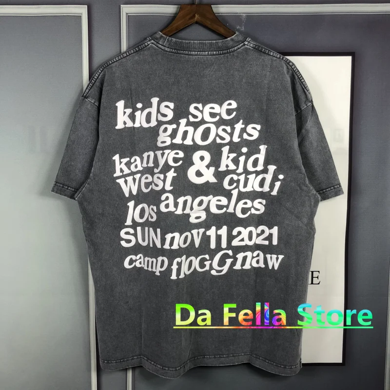 

2021SS KSG футболка KANYE WEST KID CUDI, мужская, женская, Детская футболка с изображением призраков, высококачественные старые винтажные потертые Топы ...