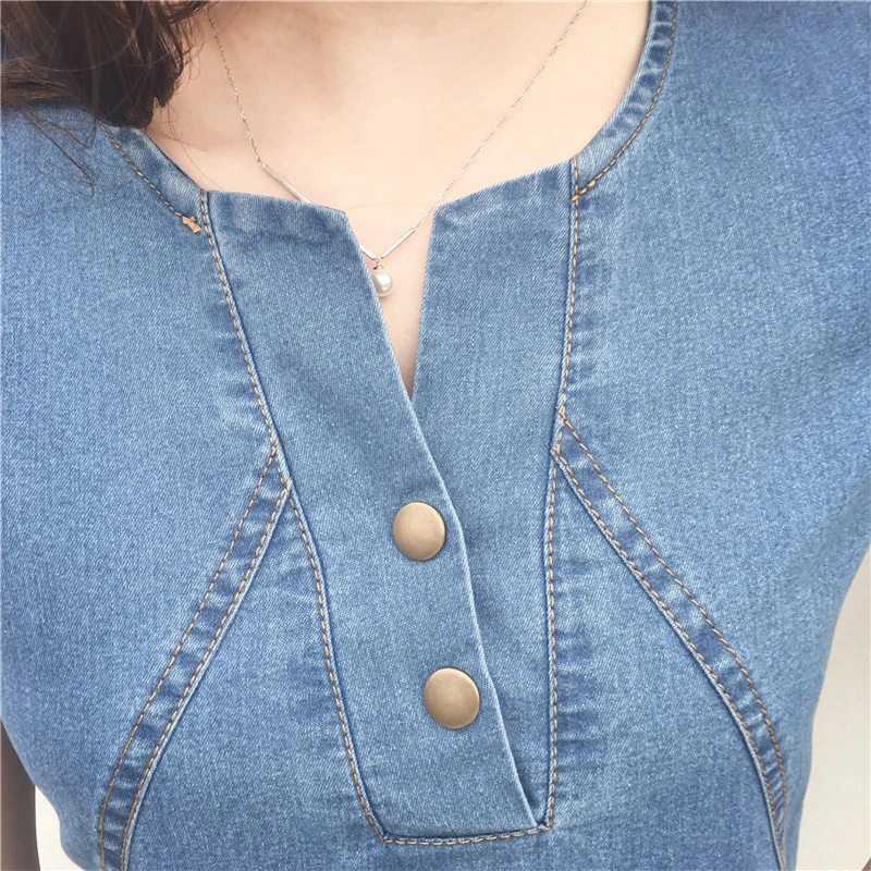 

2020 Casual Women's Summer Sundress A Line Elegant Knee Length Denim Dress Female Clothes Midi Dress Women with Pocket