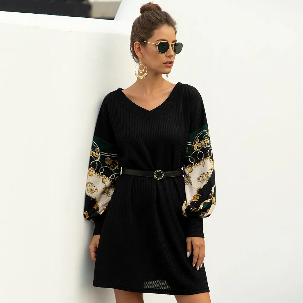 Dress For Women Casual Loose V-Neck Printed Paneled Lantern Sleeve High Waist bandage Shirt Evening Party Dresses Sukienka | Женская