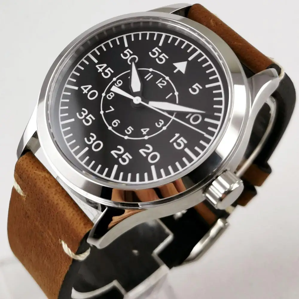 Роскошный бренд 44 мм Parnis черный циферблат твердый корпус секундомер полный