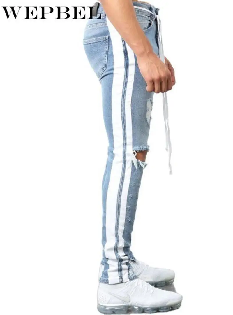 

WEPBEL Men Hip Hop Stripe Denim Pants Male Stretchy Pencil Bottoms Street Knee Ripped Holes Casual Jeans