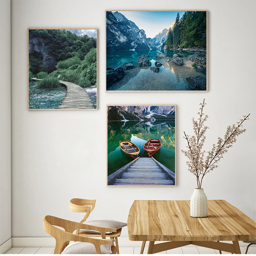 

Boat Wall Art Picture Painting Modern Living Room Decor Scandinavian Nature Landscape Poster Nordic Style Print Mountain Lake