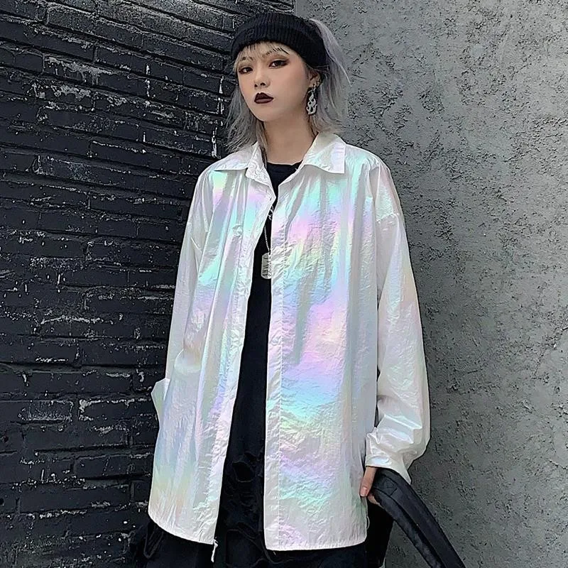 

2020 new Transparent Laser Symphony Sunscreen Pocket Jersey Jacket Clear Jacket Iridescent Rainbow Hologram Shirt Blouse Coat