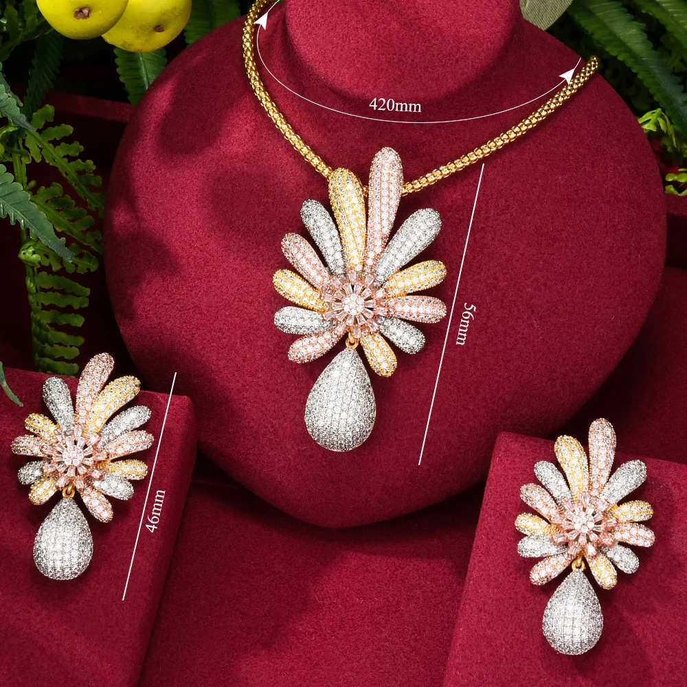 

KellyBola Gorgeous Luxury Flower Pendant Necklace Earrings Jewelry Set Girl Exquisite Zircon Wedding Party Jewelry Accessories
