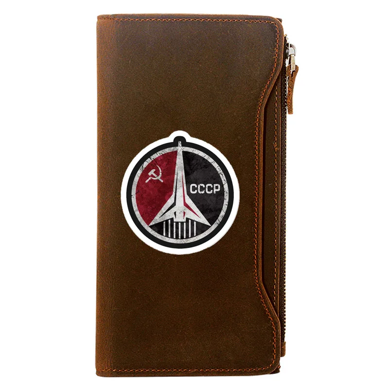 

CCCP Soviet Space Force Printing Genuine Leather Wallet Men Long Purse With Phone Bag Zipper Card Holder Clutch