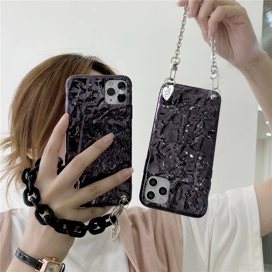 Cute 3D Tin Foil  Plating Metal Strap Chain Case for iPhone 12 11 Pro XS Max XR X 7 8 Plus Wrist Band Bracelet Soft Cover Coques