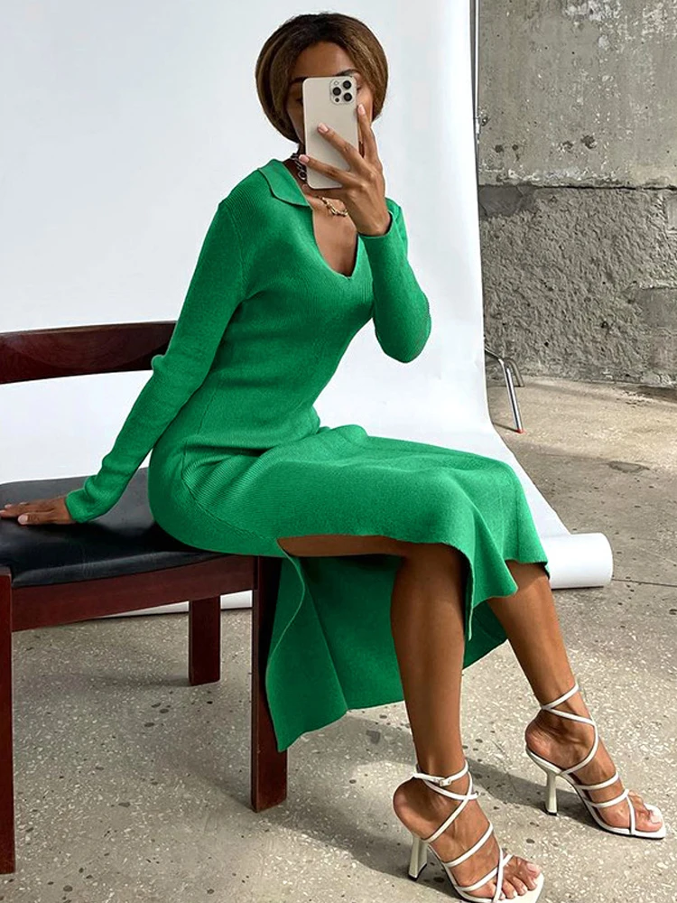 

Autumn Winter Bodycon Dress Sweater Knitted Green 2021 Women Sexy Midi Split V Neck Long Sleeve Casual Dresses Party