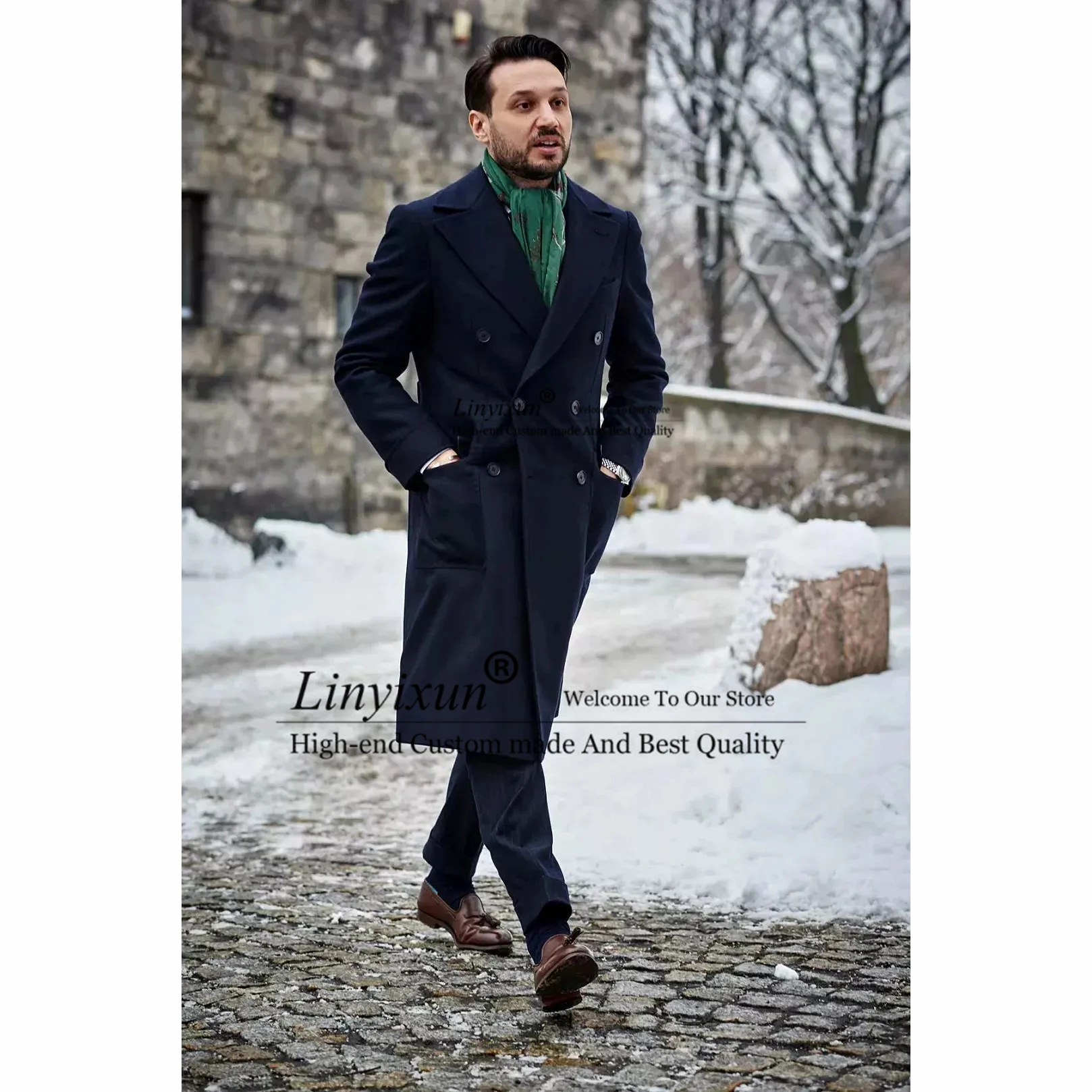 

Мужские Твидовые костюмы из смеси шерсти темно-синего цвета, приталенное пальто, жакет с длинным рукавом, двубортный деловой костюм для муж...