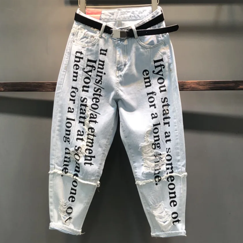 Женские летние джинсы с дырками новые модные свободные шаровары до щиколотки