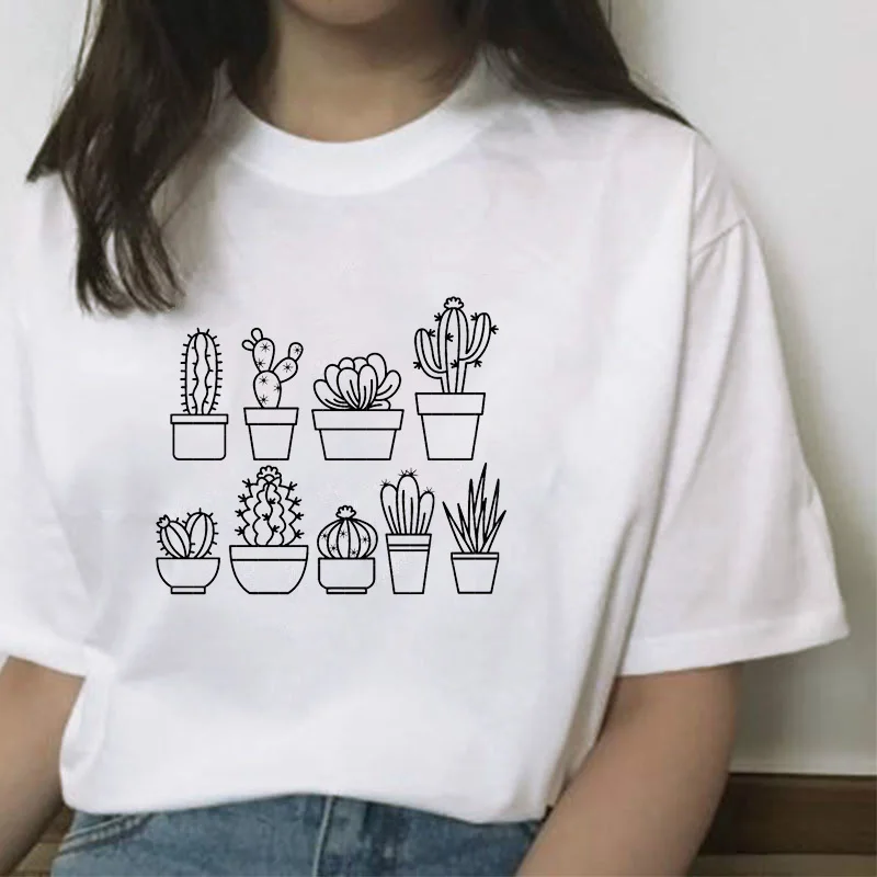 

Women Fashion Cactus Plants Printed T Shirt Female Streetwear Cotton Graphic Tee Hipster Casual Cartoon Top T-shirt Women Clothe