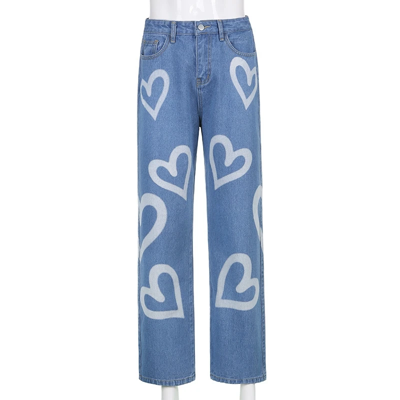 

Laamei Vintage Heart Printed Y2K Baggy Jeans Women High Waist Harajuku Aesthetic Mom Jeans Denim Streetwear 90s Denim Trousers