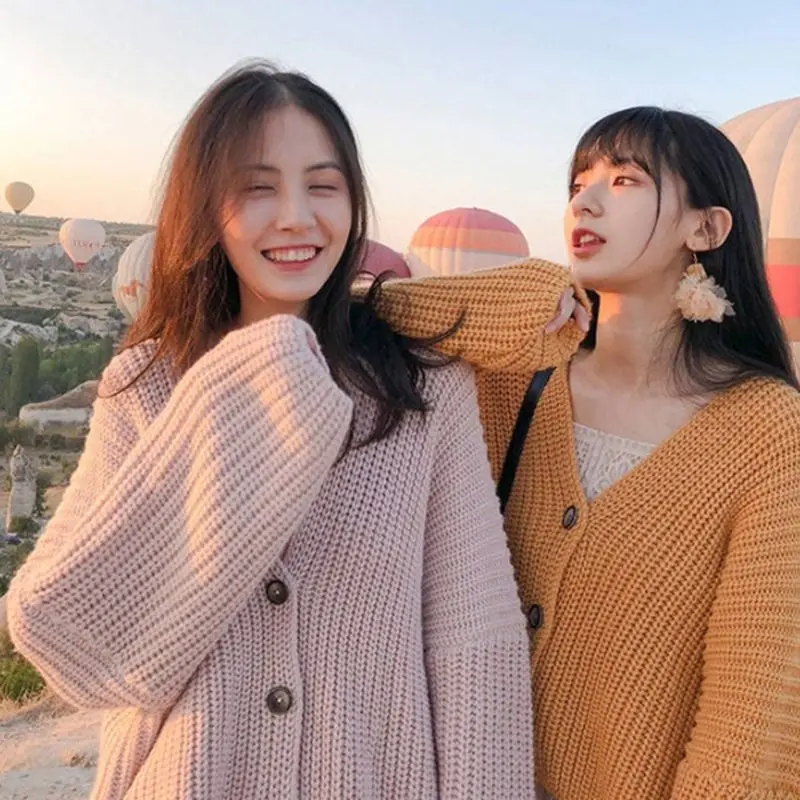 Women Casual Solid Color Sweater Korean Style Cardigan Vintage V Neck Bat Sleeve Button Loose Warm Knitwear |