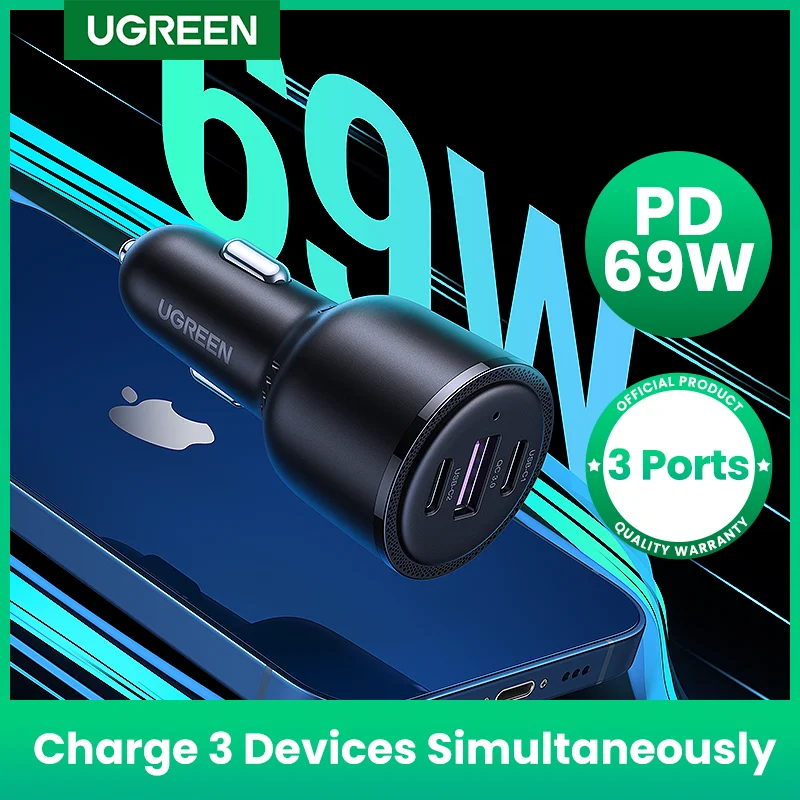 

UGREEN Car Charger 69W USB Type C Dual Port PD QC 4.0 3.0 Fast Charging For Laptop Car Phone Charger For iPhone 13 12 Samsung