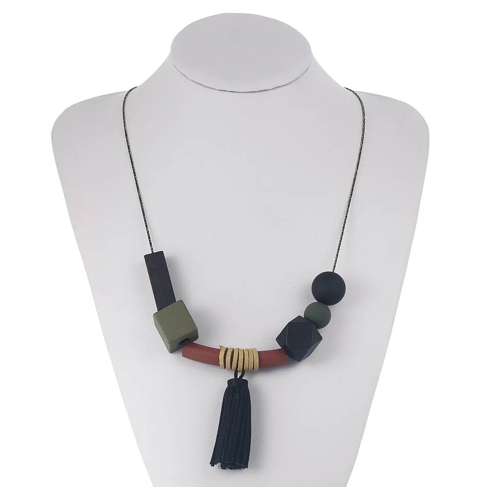 Геометрическое длинное ожерелье с деревянными бусинами для женщин длинные