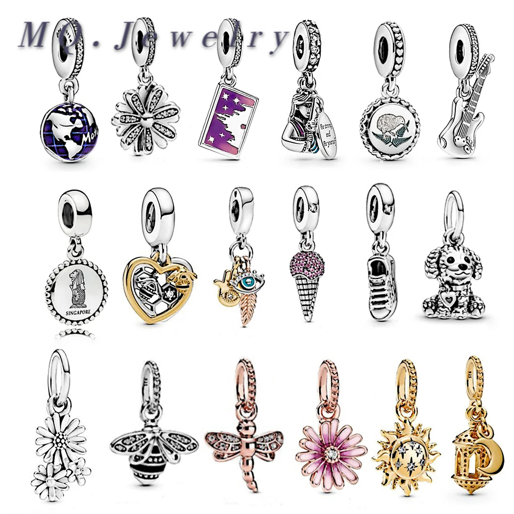 

2020 Spring 925 Original Silver Shine Sparkling Sun Dragonfly Pendant Rose Pink Daisy Flower Bouquet Dangle DIY Charm Jewelry
