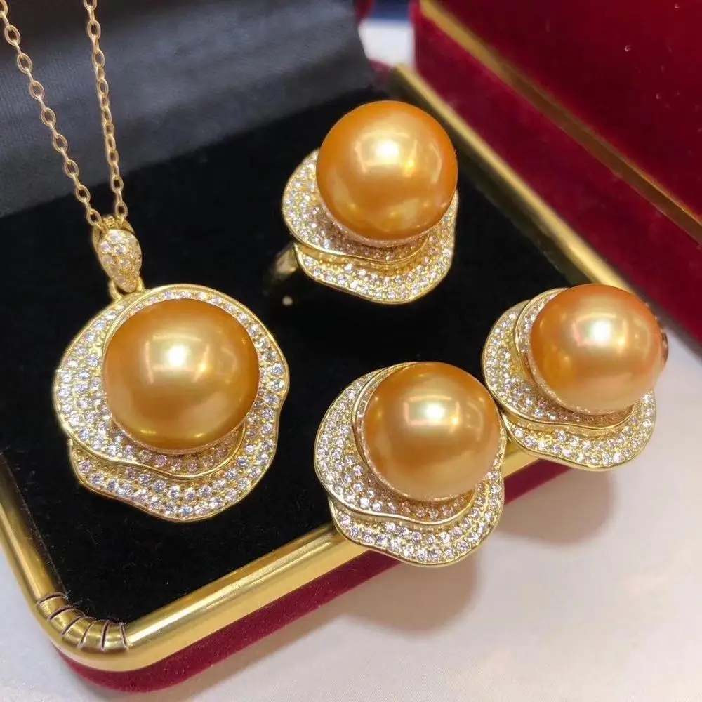 

D908 Pearl Set Fine Jewelry 925 Sterling Silver Round 10-11mm Fresh Water Golden Pearls Jewelry Sets for Women Presents