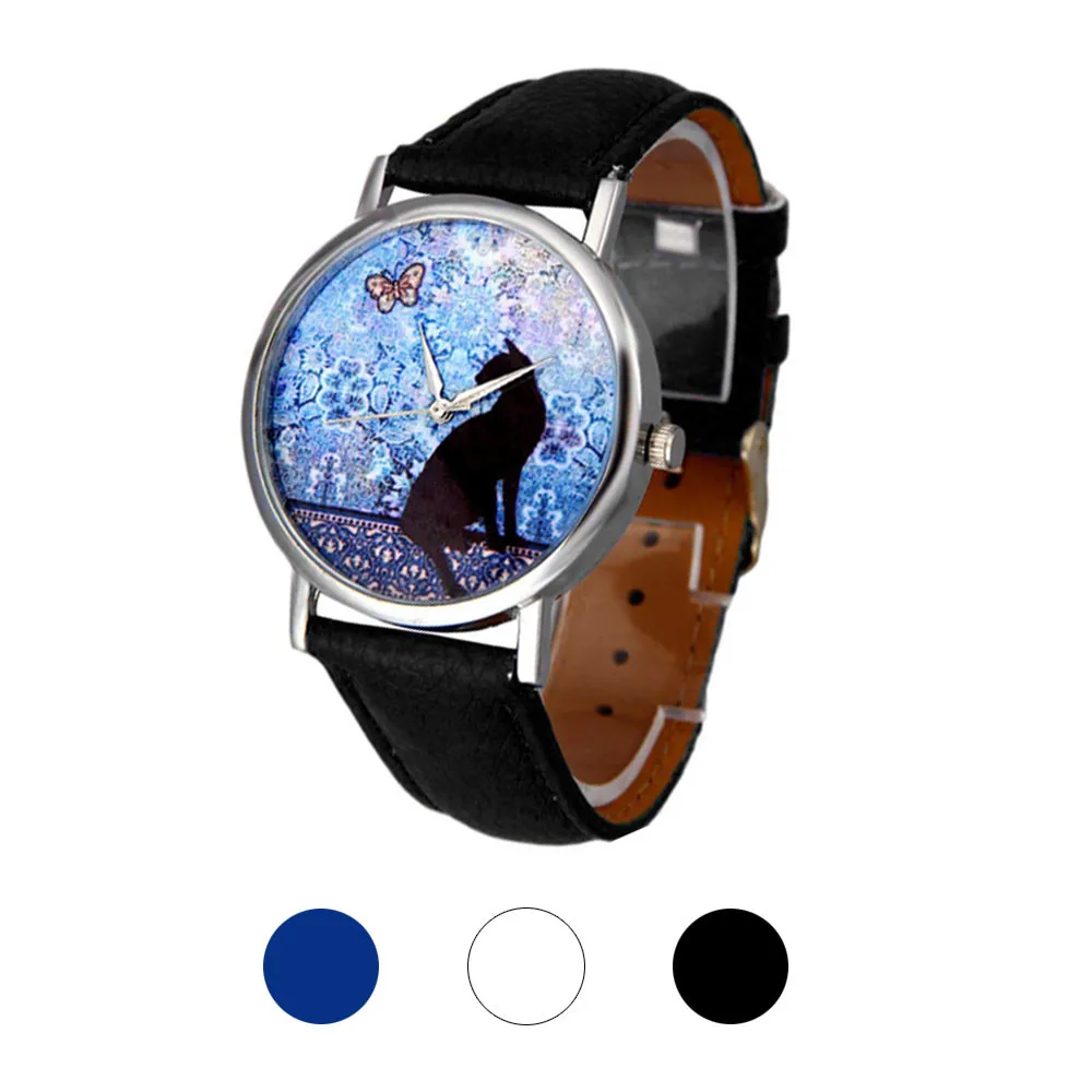 

Ladies Student Hot Sale Quartz Watch Print Cat Pattern Solid Color Leather Strap Analog Quartz Fashion Watch 50*