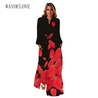wayoflove long sleeve black dress 2022 beach casual zipper red leaf print long dresses woman elegant autumn winter womens dress