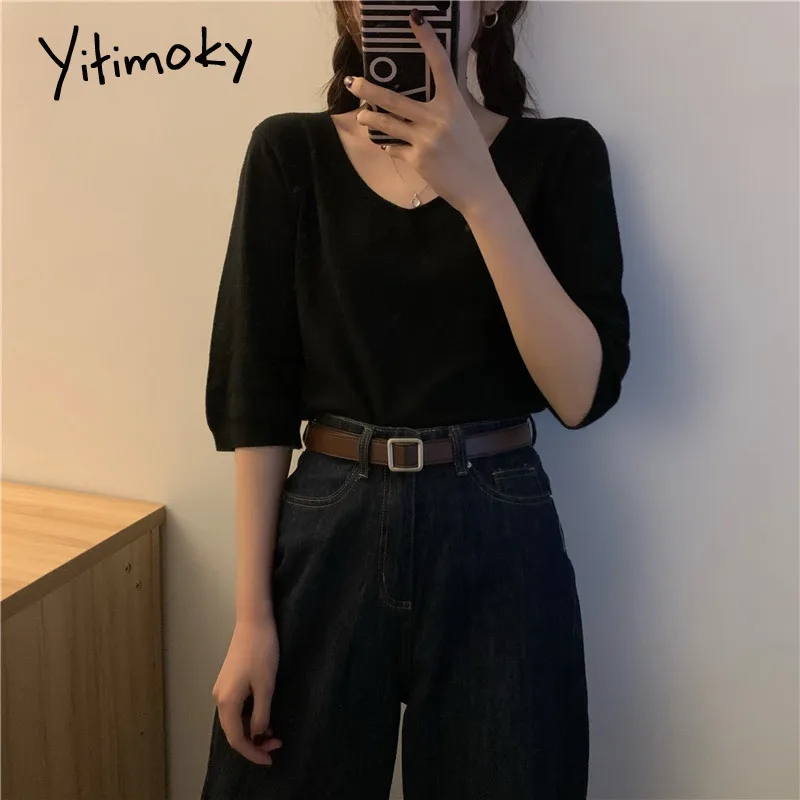 Женский трикотажный свитер с коротким рукавом и V-образным вырезом | Женская