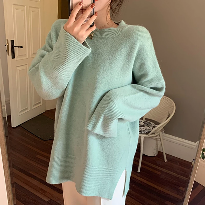 BGTEEVER Loose O-neck Women Sweaters Side-split Knitted Pullovers Female Winter Soft Knitting Jumpers Tops 2019 pull femme |