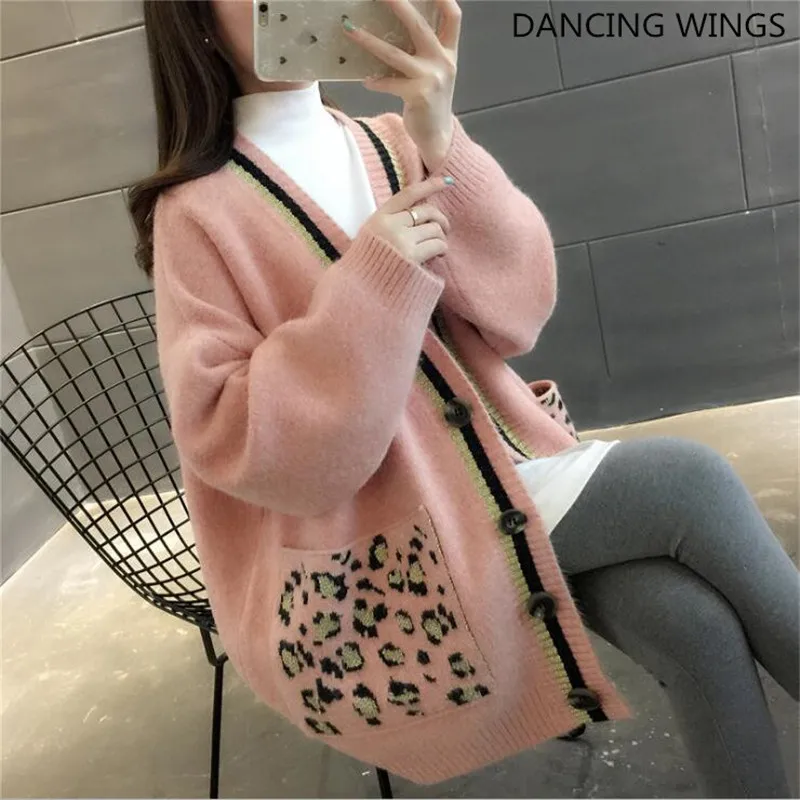 Для женщин осень кардиган с v-образной горловиной леопардовые свитера карманами