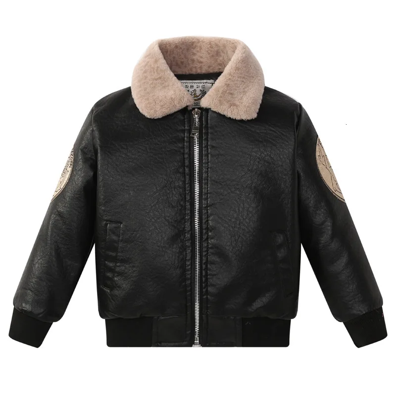 

Leather Jacket Boys Winter Leather Clothing Winter Baby Warm Fleece Coat Thickening Children Jacket Turn Down Collar PU Jackets