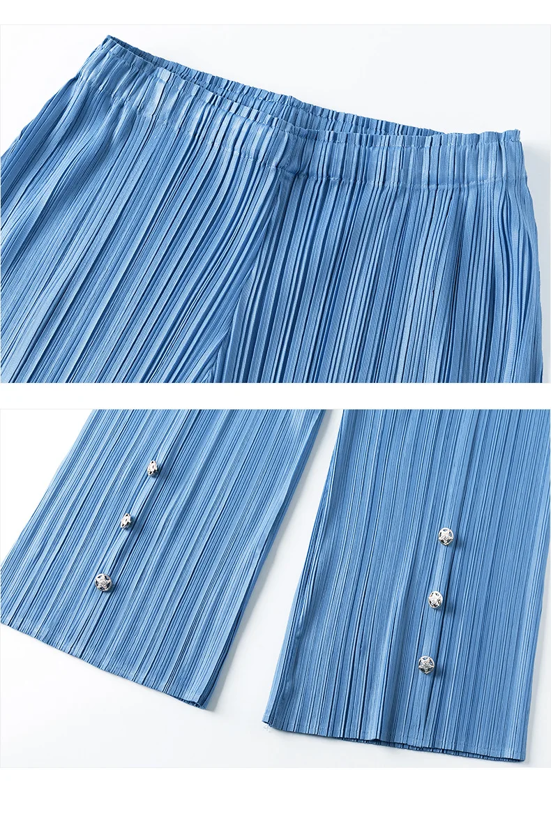 

HOT SELLING Miyake new Style o-neck three quarter T-shirt in the fold ankle-length pants two-piece outfit IN STOCK