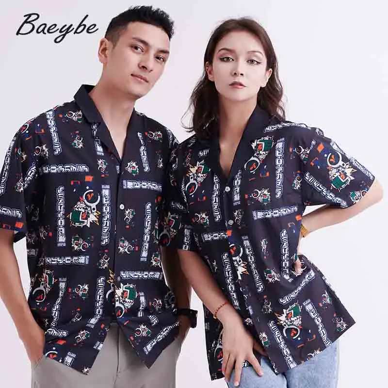 

Black Cartoon Print Women Shirts Summer Male&Female Blouse Fashion Short Sleeve Beachwear Unisex Couple Plus Size Casual Shirt