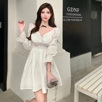 white dress for women autumn puff sleeve chic v neck female clothing black a line short dresses korean fashion ladies new