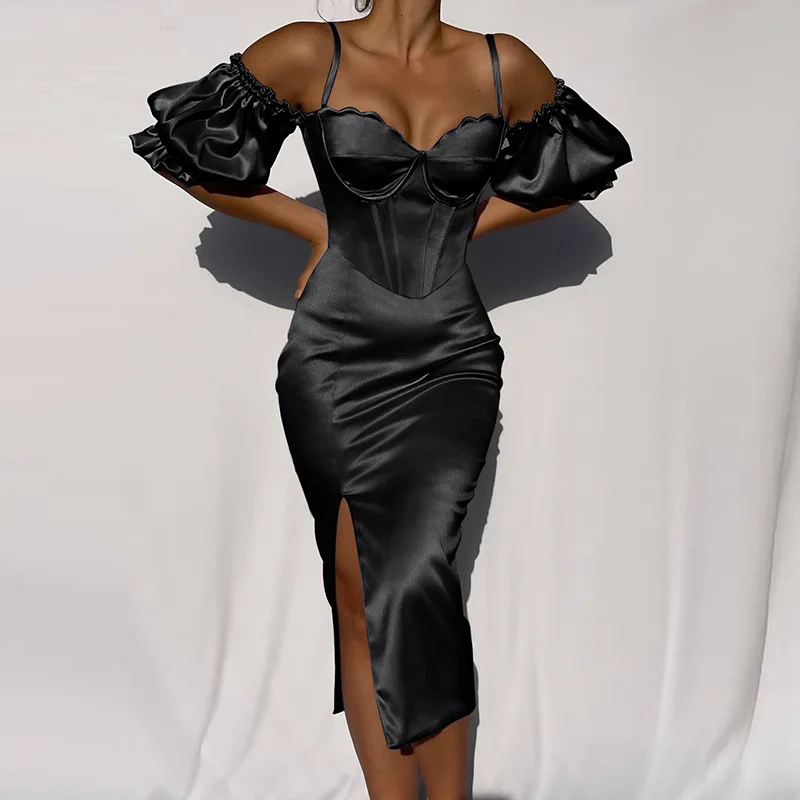 wsevypo Off Shoulder Lantern Sleeve Bodycon Dress Elegant Party Vestidos Vintage Women Slash Neck Straps Split Corset Dresses | Женская