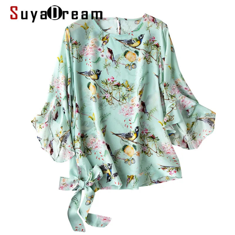 

Женские шелковые блузки SuyaDream с цветочным принтом, 100% натуральный шелк, рукава-бабочки, блузка с круглым вырезом, рубашка, лето 2020