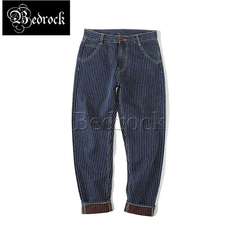 MBBCAR 13oz blue striped jeans vintage raw denim jeans Amekaji retro one washed striped casual trousers slim pencil pants 7340