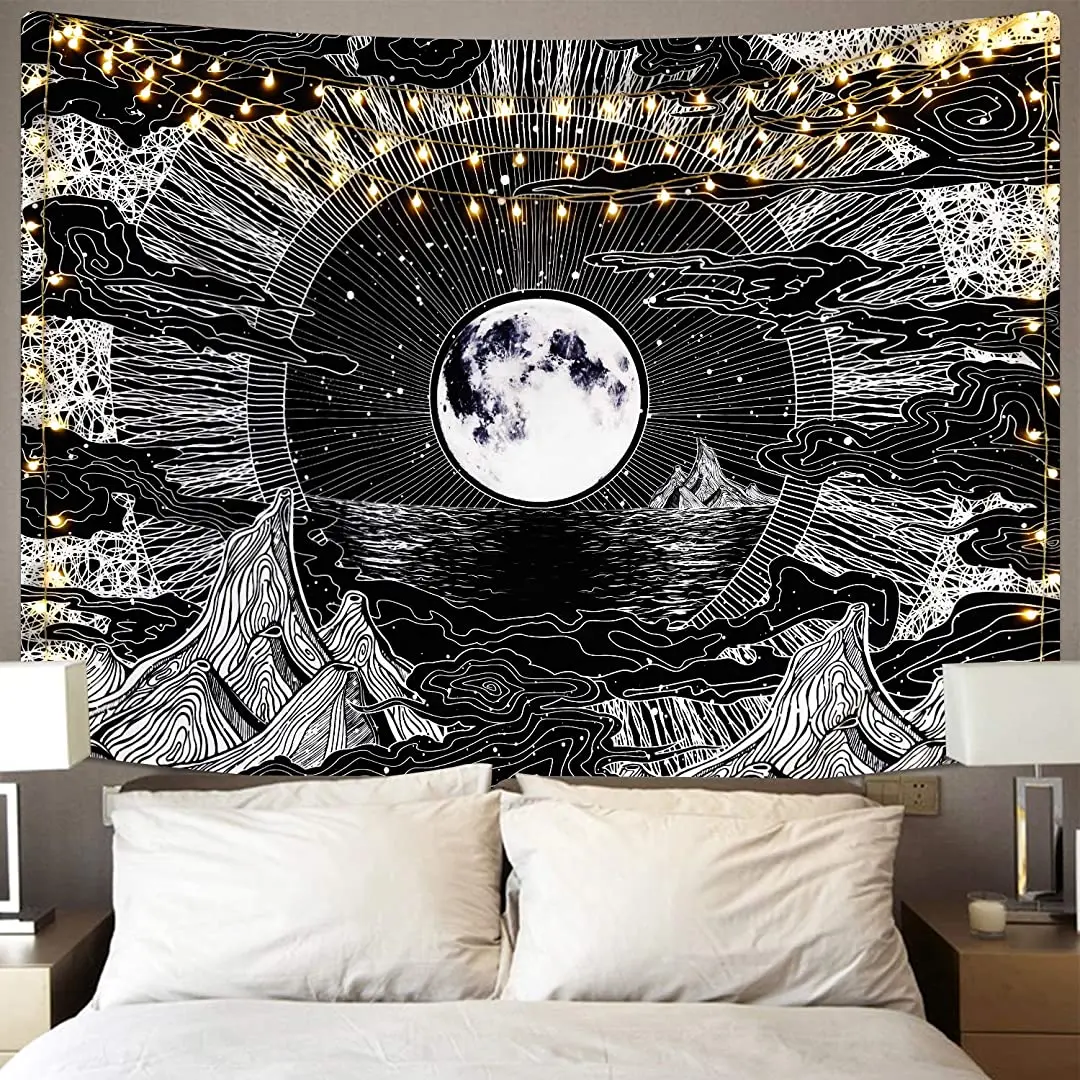 

Moon and Star Tapestry Clouds Tapestries Black Tapestry Psychedelic Mountain Tapestry for Room