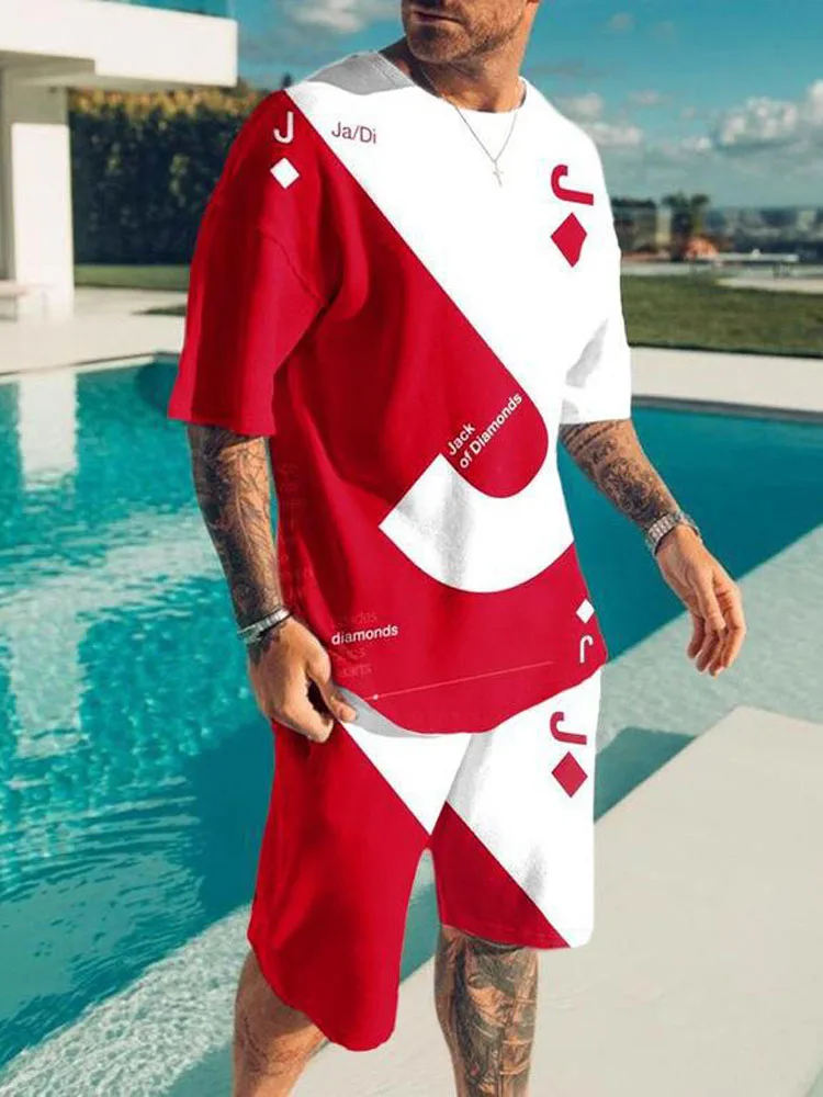 

Summer Street Mens Fashion Short Sleeve T Shirt Suit 3d Print Poker J Crew Neck Plus Size Men Sweatshirt Jogging Shorts Suit