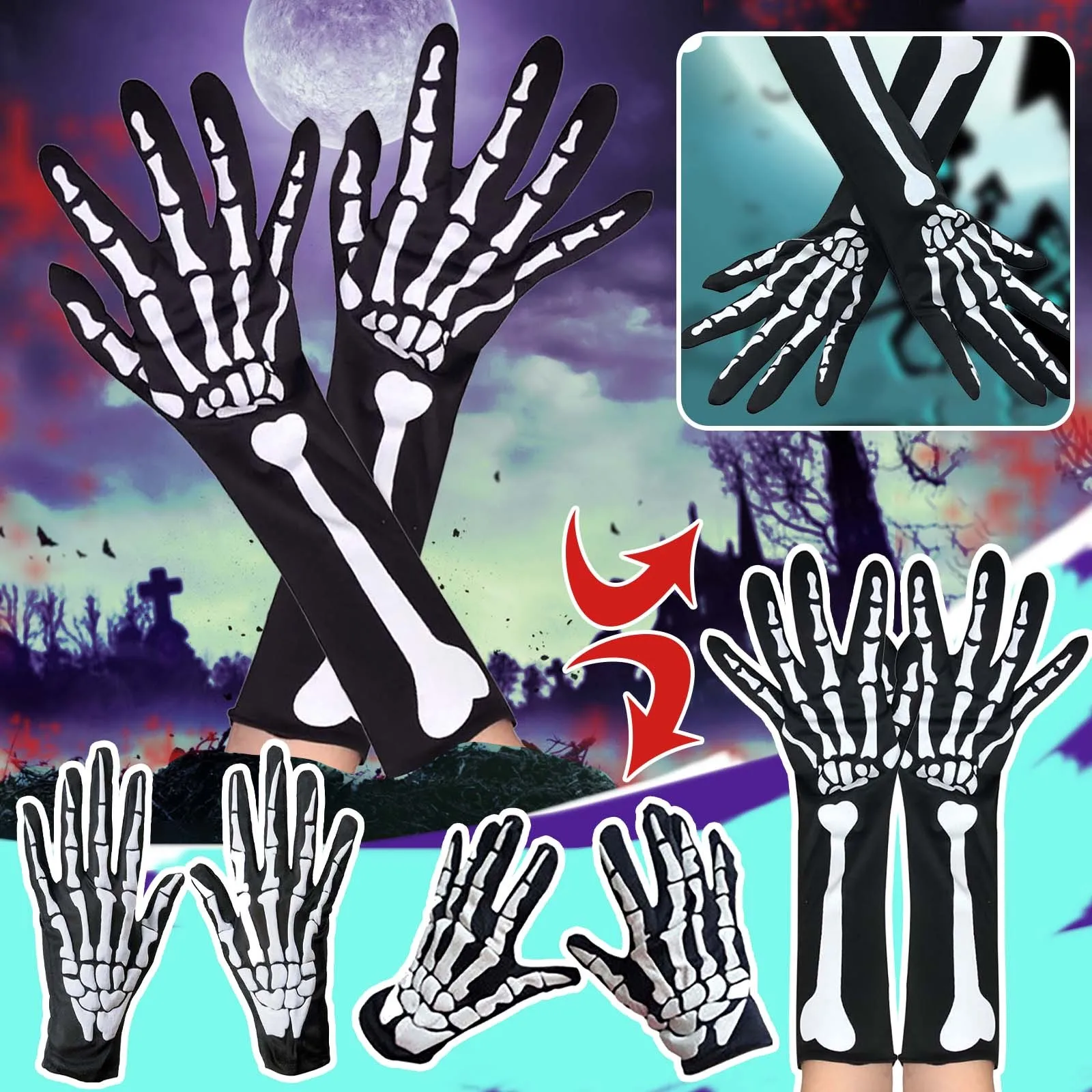 

Halloween Fashion Skeleton Glove Long Horror Skeleton Halloween Gloves Role-playing Horror Skeleton Gloves Props Ghost Hunter