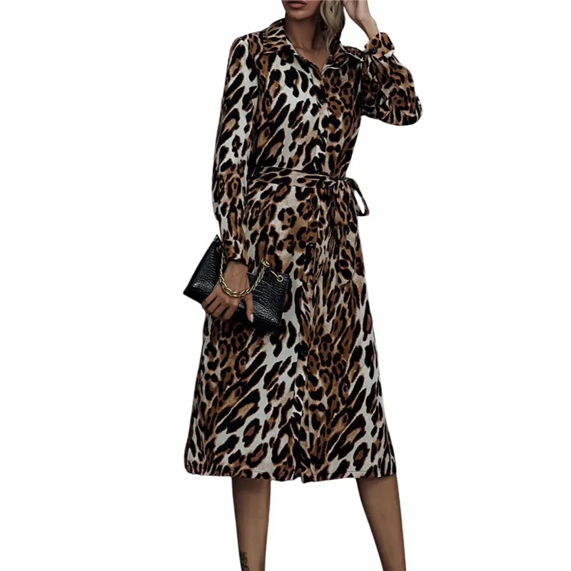 

Women Dress Autumn Ladies Leopard Print Dresses Sexy Women lapel Long Sleeve Midi Dress Womens Dresses Fall Evening Party