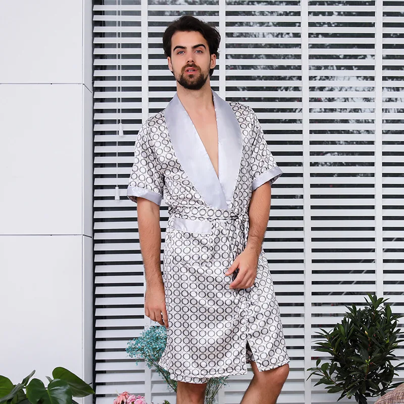 Bathro Robe for Men Robe Short Sleeve Sleepwear Imitate Silk Robe for Men Mens Kimono Robe Sets Long Silky Gown House Sleep Tops