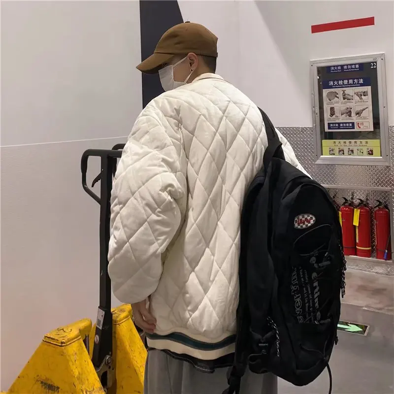 Men's Fashion Diamond Cotton Jacket Tide Brand Ins Autumn and Winter Loose Thickening Couple Baseball Uniform Jacket Winter Coat