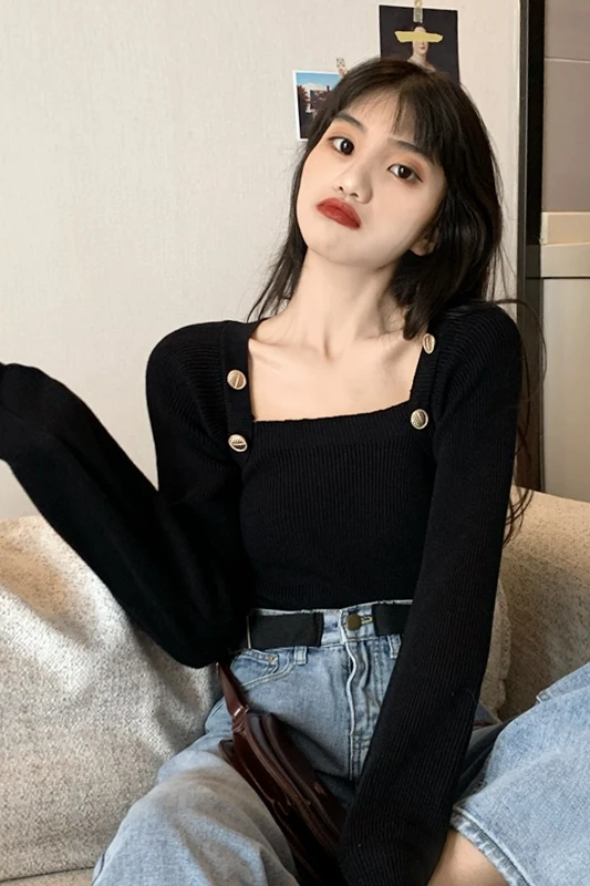 

WERUERUYU knitted shirt Woman 2020 Winter Fashion Square Collar T Shirt Women Knitted T-Shirt Long Sleeve Pullover Shirt