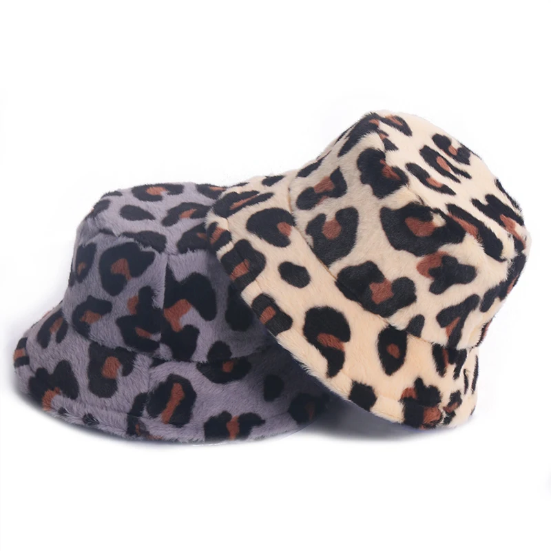 Winfox New Fashion Soft Leopard Faux Fur Bucket Hats For Women Warm Caps Winter 2020