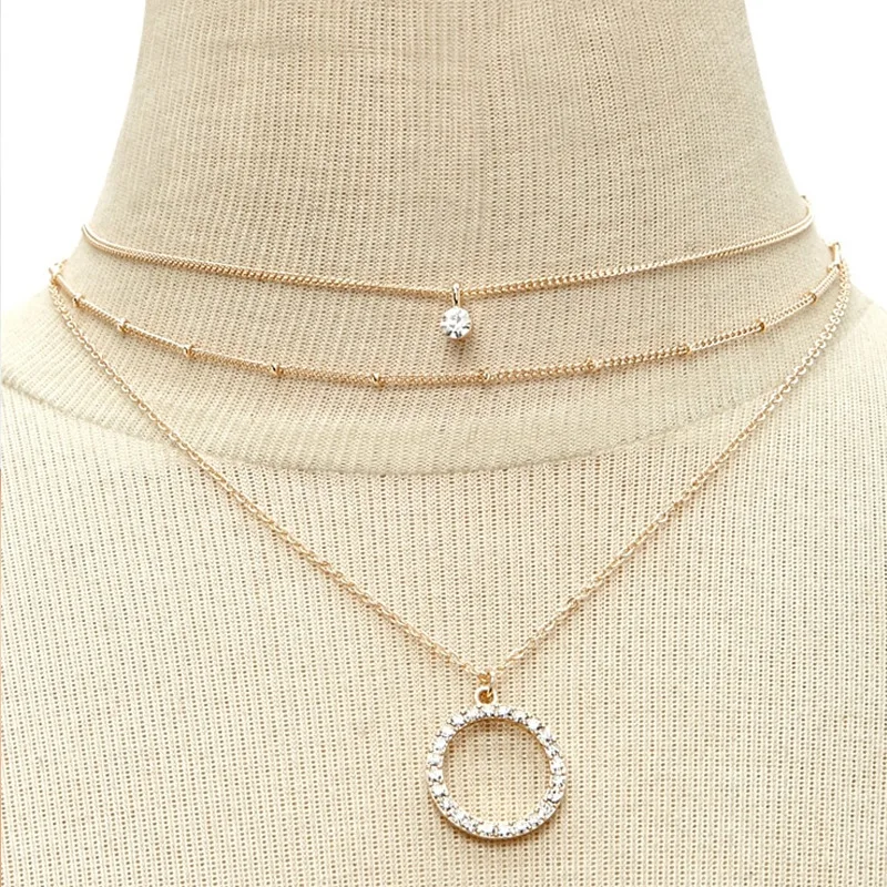Personality Crystal Pendant Multi-layer Necklace Round Circle Bead Clavicle Chain Necklaces for Women Fashion Neck Jewelry XL081 | Украшения