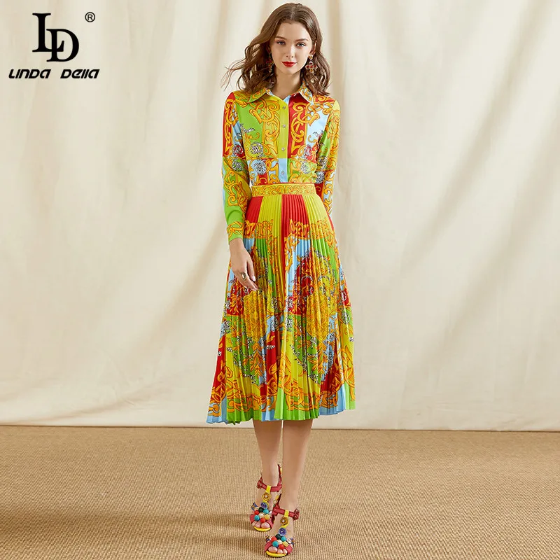 

Женский костюм с принтом LD LINDA DELLA, комплект из двух предметов, блузка с длинным рукавом и плиссированная юбка с высокой талией, лето 2021