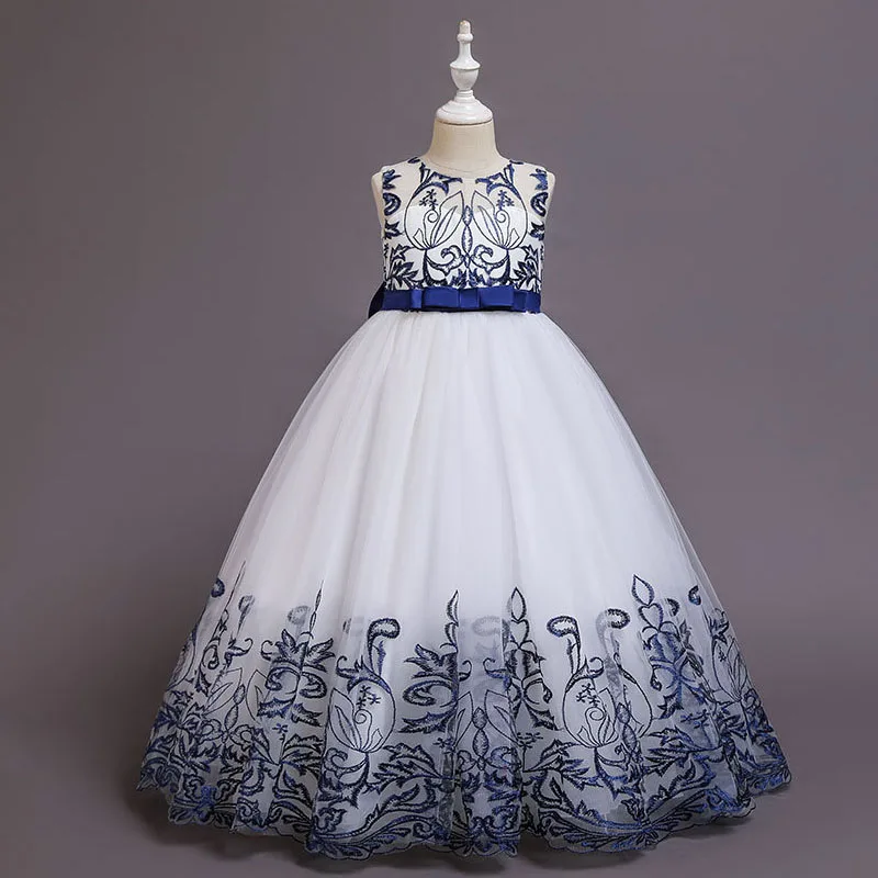 

2020 Новое Детское платье с бантом без рукавов с вышивкой; Платье участницы конкурса красоты; Платье принцессы платья Длинное Элегантное круж...