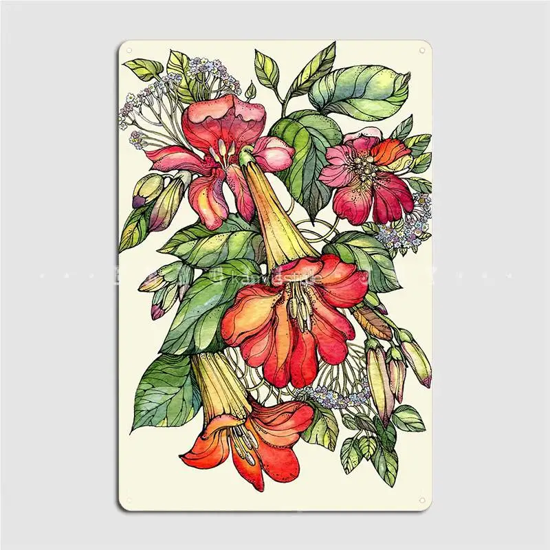 

Red Trumpet Vine Flowers Metal Plaque Poster Club Party Decoration Party Plates Tin sign Posters